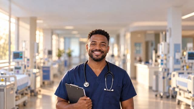 Enfermeiro sorrindo, com uniforme hospitalar azul-marinho e estetoscópio no pescoço, segurando uma prancheta, em o corredor de um hospital moderno e bem iluminado, com leitos e equipamentos