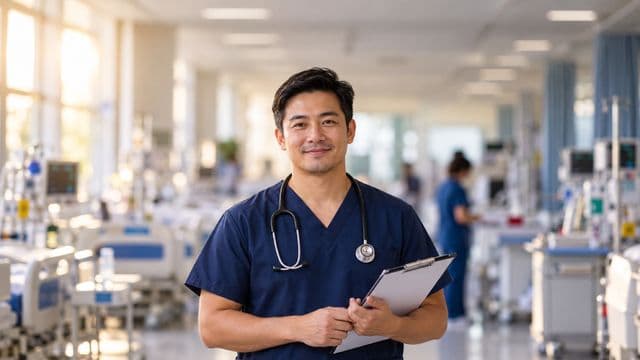 Enfermeiro sorrindo, com uniforme hospitalar azul-marinho e estetoscópio no pescoço, segurando uma prancheta, em o corredor de um hospital moderno e bem iluminado, com leitos e equipamentos