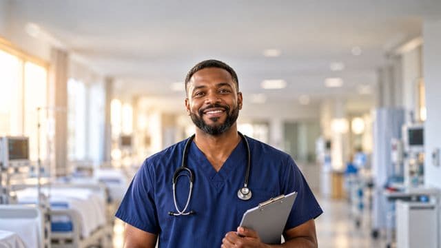 Enfermeiro sorrindo, com uniforme hospitalar azul-marinho e estetoscópio no pescoço, segurando uma prancheta, em o corredor de um hospital moderno e bem iluminado, com leitos e equipamentos