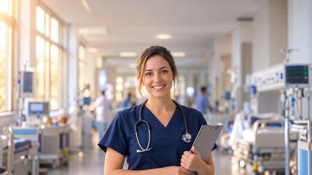 Enfermeira sorrindo, com uniforme hospitalar azul-marinho e estetoscópio no pescoço, segurando uma prancheta, em o corredor de um hospital moderno e bem iluminado, com leitos e equipamentos