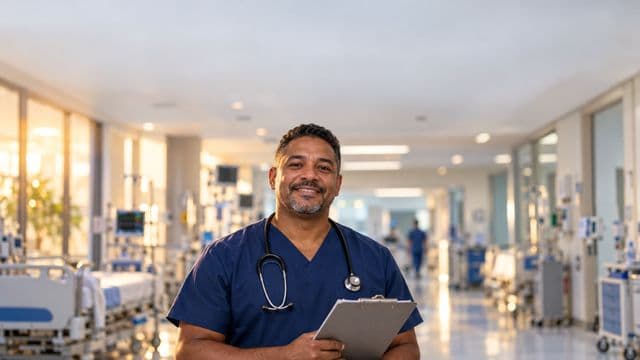 Enfermeiro sorrindo, com uniforme hospitalar azul-marinho e estetoscópio no pescoço, segurando uma prancheta, em o corredor de um hospital moderno e bem iluminado, com leitos e equipamentos
