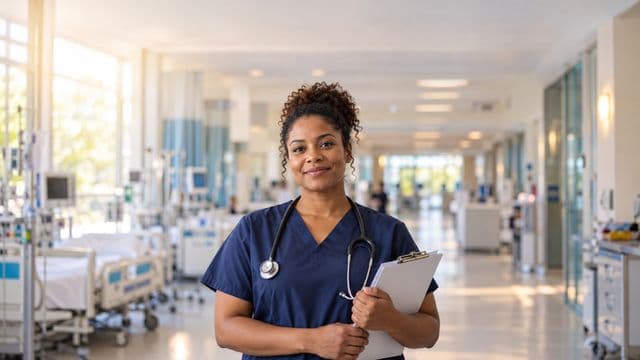 Enfermeira sorrindo, com uniforme hospitalar azul-marinho e estetoscópio no pescoço, segurando uma prancheta, em o corredor de um hospital moderno e bem iluminado, com leitos e equipamentos
