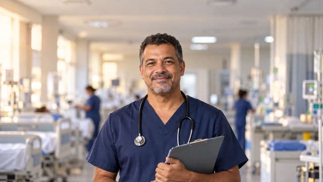 Enfermeiro sorrindo, com uniforme hospitalar azul-marinho e estetoscópio no pescoço, segurando uma prancheta, em o corredor de um hospital moderno e bem iluminado, com leitos e equipamentos
