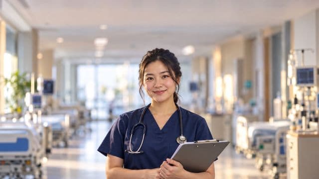 Enfermeira sorrindo, com uniforme hospitalar azul-marinho e estetoscópio no pescoço, segurando uma prancheta, em o corredor de um hospital moderno e bem iluminado, com leitos e equipamentos
