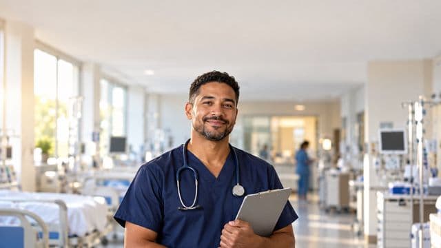 Enfermeiro sorrindo, com uniforme hospitalar azul-marinho e estetoscópio no pescoço, segurando uma prancheta, em o corredor de um hospital moderno e bem iluminado, com leitos e equipamentos