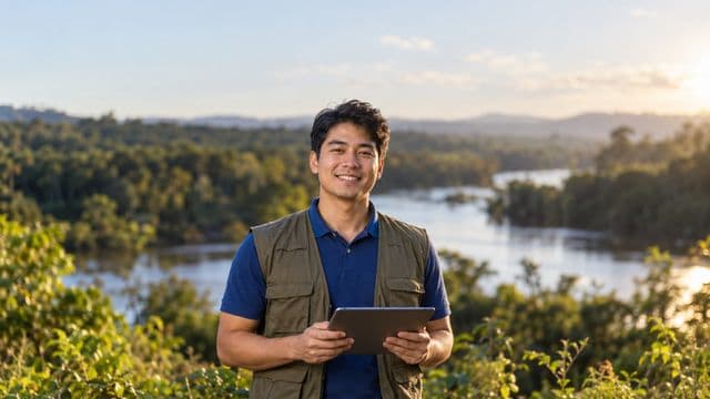 Gestor ambiental sorrindo, com camisa polo azul e colete de campo, segurando um tablet, em uma área de preservação com mata e um rio