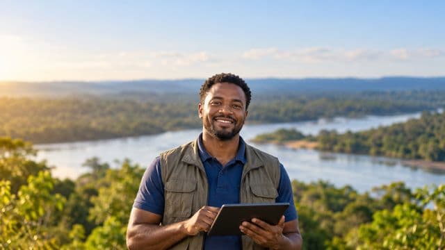 Gestor ambiental sorrindo, com camisa polo azul e colete de campo, segurando um tablet, em uma área de preservação com mata e um rio