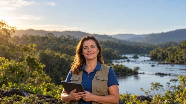 Gestora ambiental sorrindo, com camisa polo azul e colete de campo, segurando um tablet, em uma área de preservação com mata e um rio