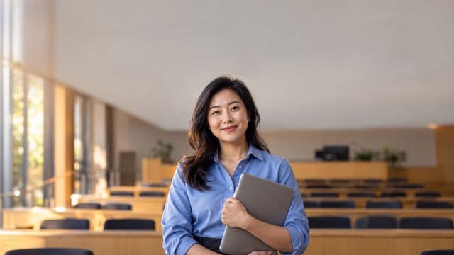 Professora universitária sorrindo, com camisa social azul, segurando um notebook, em um auditório universitário moderno