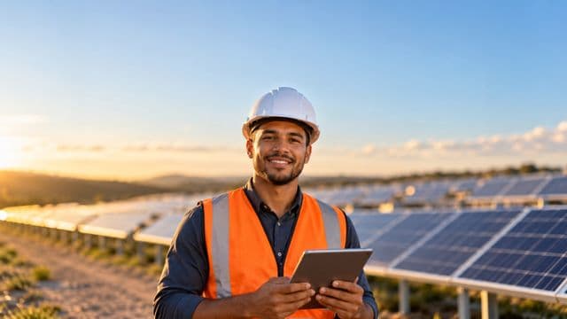 Engenheiro eletricista sorrindo, com capacete branco e colete laranja, segurando um tablet, em uma usina de painéis solares sob céu claro