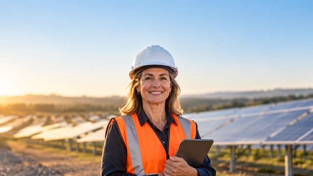 Engenheira eletricista sorrindo, com capacete branco e colete laranja, segurando um tablet, em uma usina de painéis solares sob céu claro