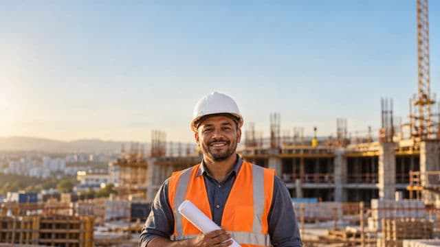 Engenheiro civil sorrindo, com capacete branco e colete refletivo laranja, segurando uma planta da obra enrolada, em um canteiro de obras com a estrutura de um prédio