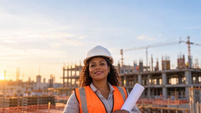 Engenheira civil sorrindo, com capacete branco e colete refletivo laranja, segurando uma planta da obra enrolada, em um canteiro de obras com a estrutura de um prédio