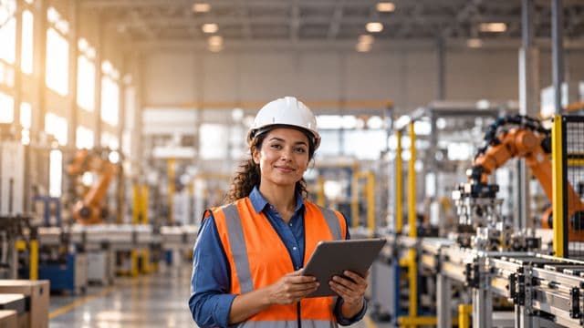 Engenheira de produção sorrindo, com capacete branco e colete laranja sobre camisa azul, segurando um tablet, em uma fábrica moderna com linha de produção e braços robóticos