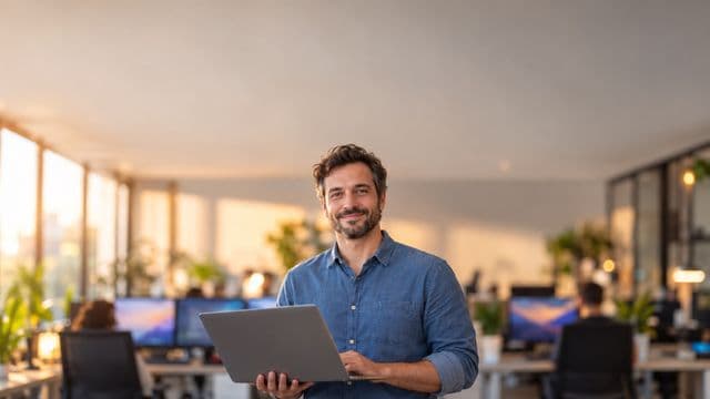 Desenvolvedor de software sorrindo, com camisa casual azul, segurando um notebook aberto, em um escritório de tecnologia moderno com monitores desfocados