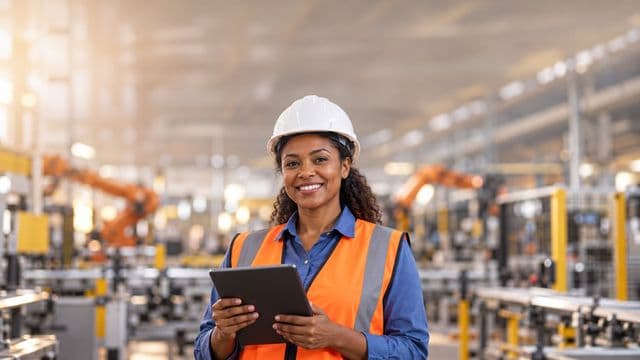 Engenheira de produção sorrindo, com capacete branco e colete laranja sobre camisa azul, segurando um tablet, em uma fábrica moderna com linha de produção e braços robóticos