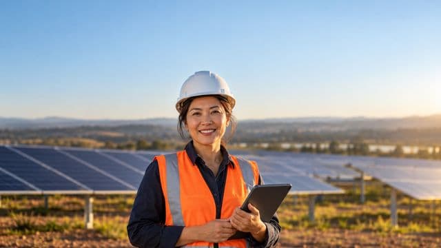 Engenheira eletricista sorrindo, com capacete branco e colete laranja, segurando um tablet, em uma usina de painéis solares sob céu claro