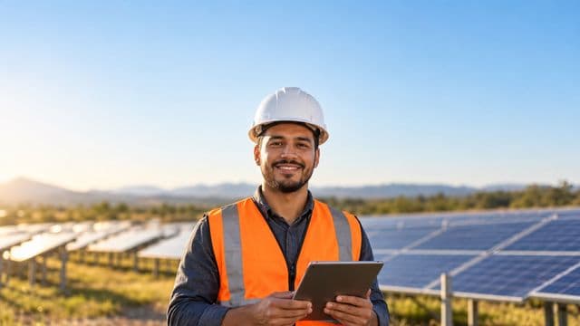 Engenheiro eletricista sorrindo, com capacete branco e colete laranja, segurando um tablet, em uma usina de painéis solares sob céu claro