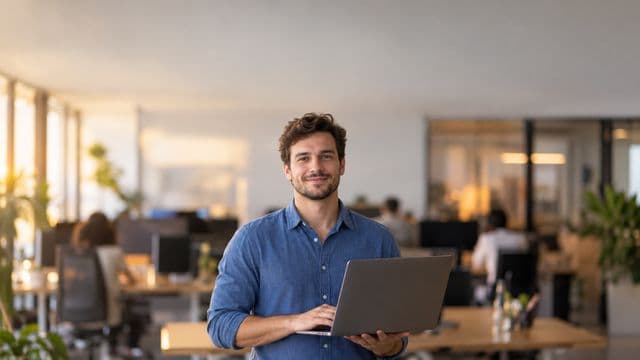 Desenvolvedor de software sorrindo, com camisa casual azul, segurando um notebook aberto, em um escritório de tecnologia moderno com monitores desfocados