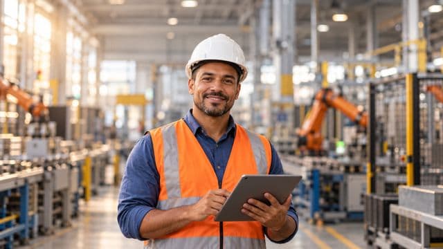 Engenheiro de produção sorrindo, com capacete branco e colete laranja sobre camisa azul, segurando um tablet, em uma fábrica moderna com linha de produção e braços robóticos