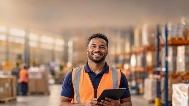 Profissional de logística sorrindo, com colete refletivo laranja sobre camisa polo azul, segurando um tablet, em um centro de distribuição com prateleiras altas e caixas
