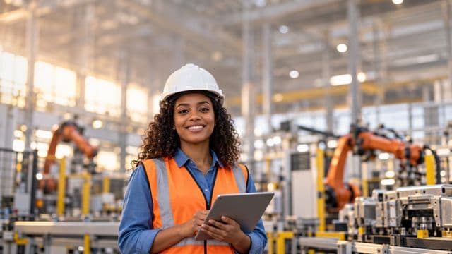 Engenheira de produção sorrindo, com capacete branco e colete laranja sobre camisa azul, segurando um tablet, em uma fábrica moderna com linha de produção e braços robóticos