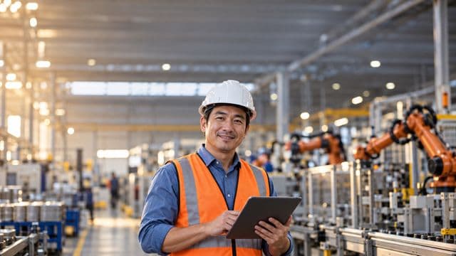 Engenheiro de produção sorrindo, com capacete branco e colete laranja sobre camisa azul, segurando um tablet, em uma fábrica moderna com linha de produção e braços robóticos