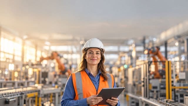 Engenheira de produção sorrindo, com capacete branco e colete laranja sobre camisa azul, segurando um tablet, em uma fábrica moderna com linha de produção e braços robóticos