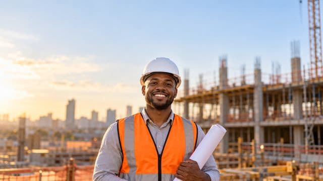 Engenheiro civil sorrindo, com capacete branco e colete refletivo laranja, segurando uma planta da obra enrolada, em um canteiro de obras com a estrutura de um prédio
