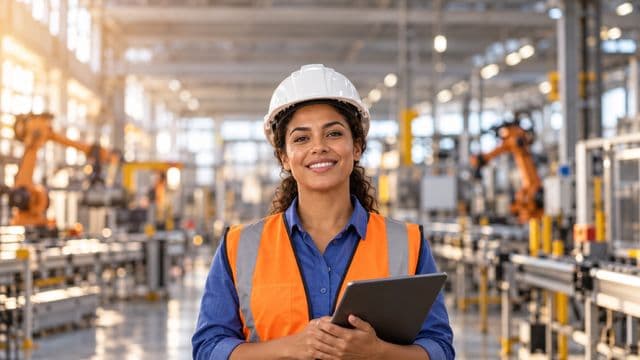 Engenheira de produção sorrindo, com capacete branco e colete laranja sobre camisa azul, segurando um tablet, em uma fábrica moderna com linha de produção e braços robóticos