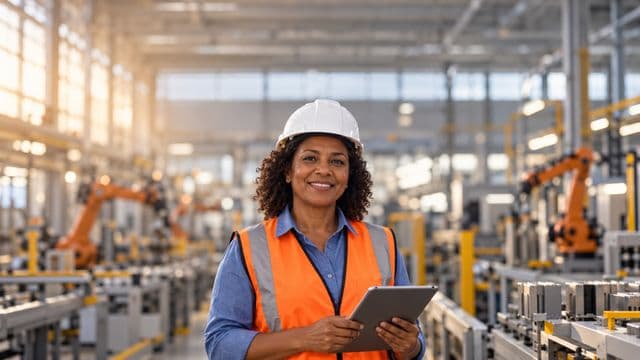 Engenheira de produção sorrindo, com capacete branco e colete laranja sobre camisa azul, segurando um tablet, em uma fábrica moderna com linha de produção e braços robóticos