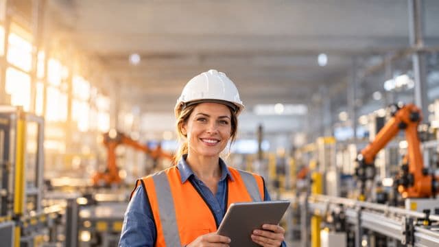 Engenheira de produção sorrindo, com capacete branco e colete laranja sobre camisa azul, segurando um tablet, em uma fábrica moderna com linha de produção e braços robóticos