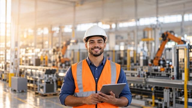 Engenheiro de produção sorrindo, com capacete branco e colete laranja sobre camisa azul, segurando um tablet, em uma fábrica moderna com linha de produção e braços robóticos