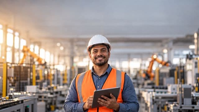 Engenheiro de produção sorrindo, com capacete branco e colete laranja sobre camisa azul, segurando um tablet, em uma fábrica moderna com linha de produção e braços robóticos