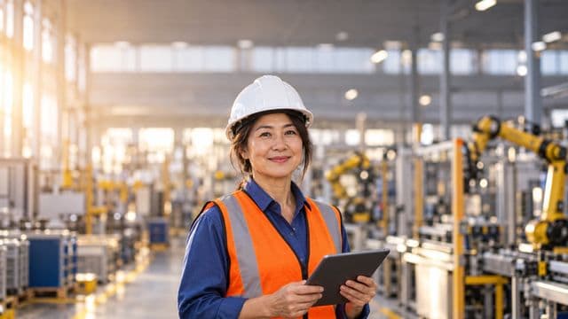 Engenheira de produção sorrindo, com capacete branco e colete laranja sobre camisa azul, segurando um tablet, em uma fábrica moderna com linha de produção e braços robóticos