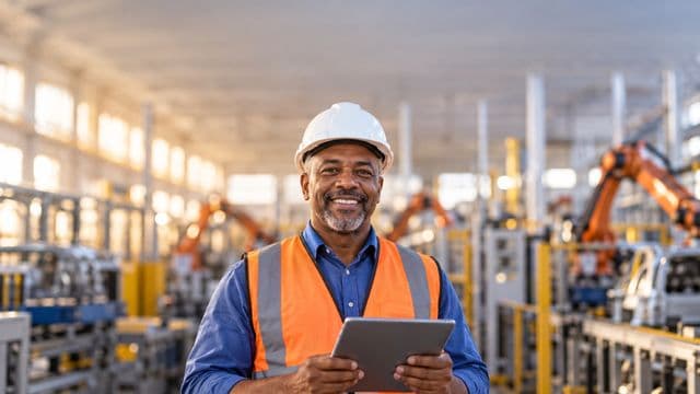 Engenheiro de produção sorrindo, com capacete branco e colete laranja sobre camisa azul, segurando um tablet, em uma fábrica moderna com linha de produção e braços robóticos