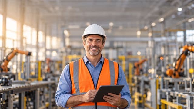 Engenheiro de produção sorrindo, com capacete branco e colete laranja sobre camisa azul, segurando um tablet, em uma fábrica moderna com linha de produção e braços robóticos