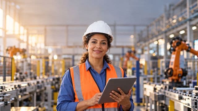 Engenheira de produção sorrindo, com capacete branco e colete laranja sobre camisa azul, segurando um tablet, em uma fábrica moderna com linha de produção e braços robóticos