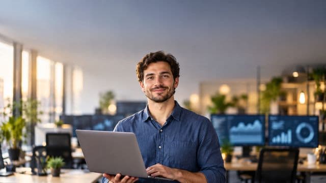 Cientista de dados sorrindo, com camisa casual azul, segurando um notebook aberto, em um escritório de tecnologia moderno com telas de gráficos desfocadas