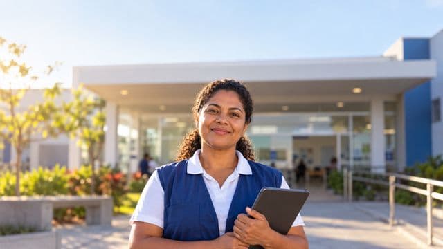 Agente de saúde pública sorrindo, com colete azul de equipe de saúde sobre camisa branca, segurando um tablet, em uma unidade básica de saúde moderna