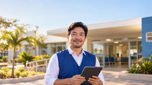 Agente de saúde pública sorrindo, com colete azul de equipe de saúde sobre camisa branca, segurando um tablet, em uma unidade básica de saúde moderna