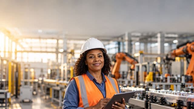 Engenheira de produção sorrindo, com capacete branco e colete laranja sobre camisa azul, segurando um tablet, em uma fábrica moderna com linha de produção e braços robóticos