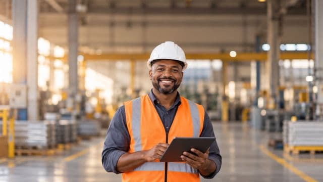Técnico de segurança do trabalho sorrindo, com capacete branco e colete refletivo laranja, segurando um tablet, em um galpão industrial organizado