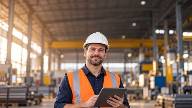 Técnico de segurança do trabalho sorrindo, com capacete branco e colete refletivo laranja, segurando um tablet, em um galpão industrial organizado