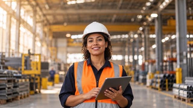 Técnica de segurança do trabalho sorrindo, com capacete branco e colete refletivo laranja, segurando um tablet, em um galpão industrial organizado