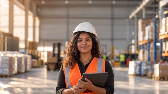 Técnica de segurança do trabalho sorrindo, com capacete branco e colete refletivo laranja, segurando um tablet, em um galpão industrial organizado