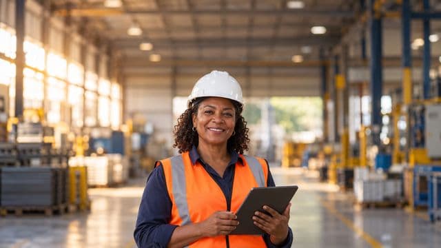 Técnica de segurança do trabalho sorrindo, com capacete branco e colete refletivo laranja, segurando um tablet, em um galpão industrial organizado
