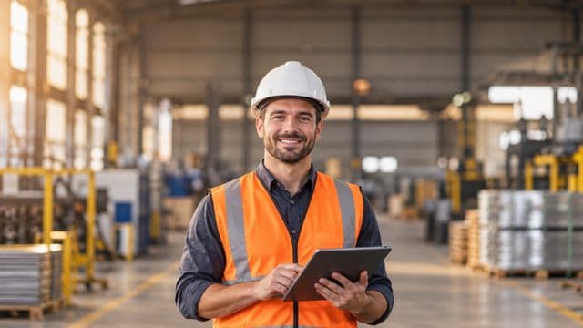 Técnico de segurança do trabalho sorrindo, com capacete branco e colete refletivo laranja, segurando um tablet, em um galpão industrial organizado