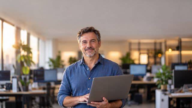 Desenvolvedor de software sorrindo, com camisa casual azul, segurando um notebook aberto, em um escritório de tecnologia moderno com monitores desfocados