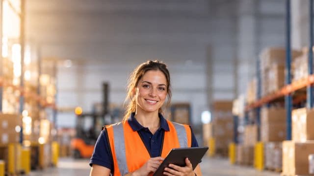 Profissional de logística sorrindo, com colete refletivo laranja sobre camisa polo azul, segurando um tablet, em um centro de distribuição com prateleiras altas e caixas